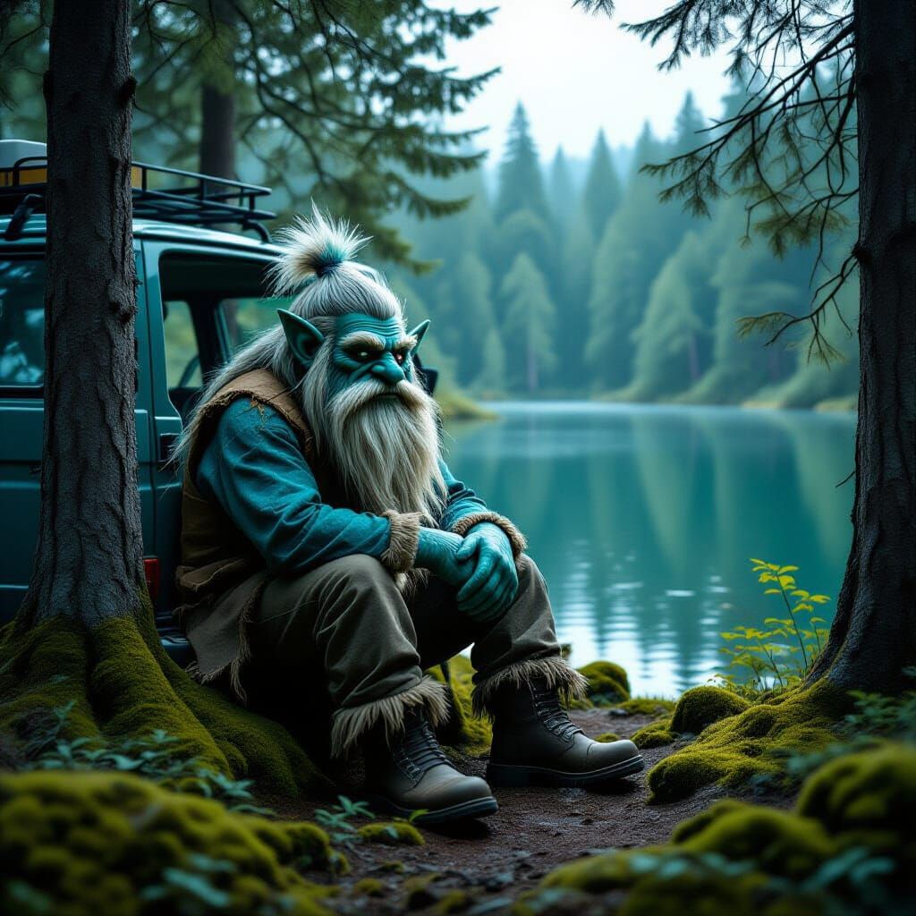 Realistic Troll in Van Among Forest Trees