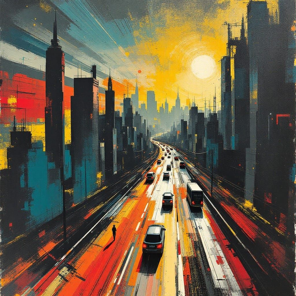 Dystopian Cityscape Road in Abstract Expressionist Style