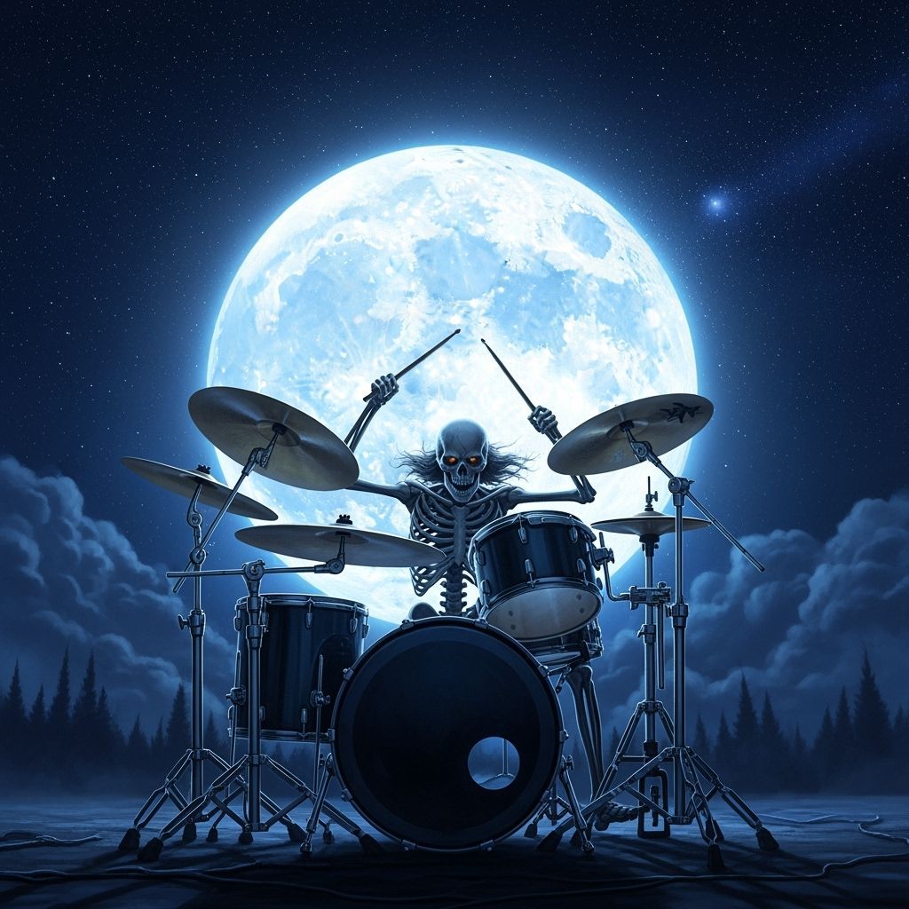 Skeleton Drummer Under Full Moon in Dark Fantasy Style