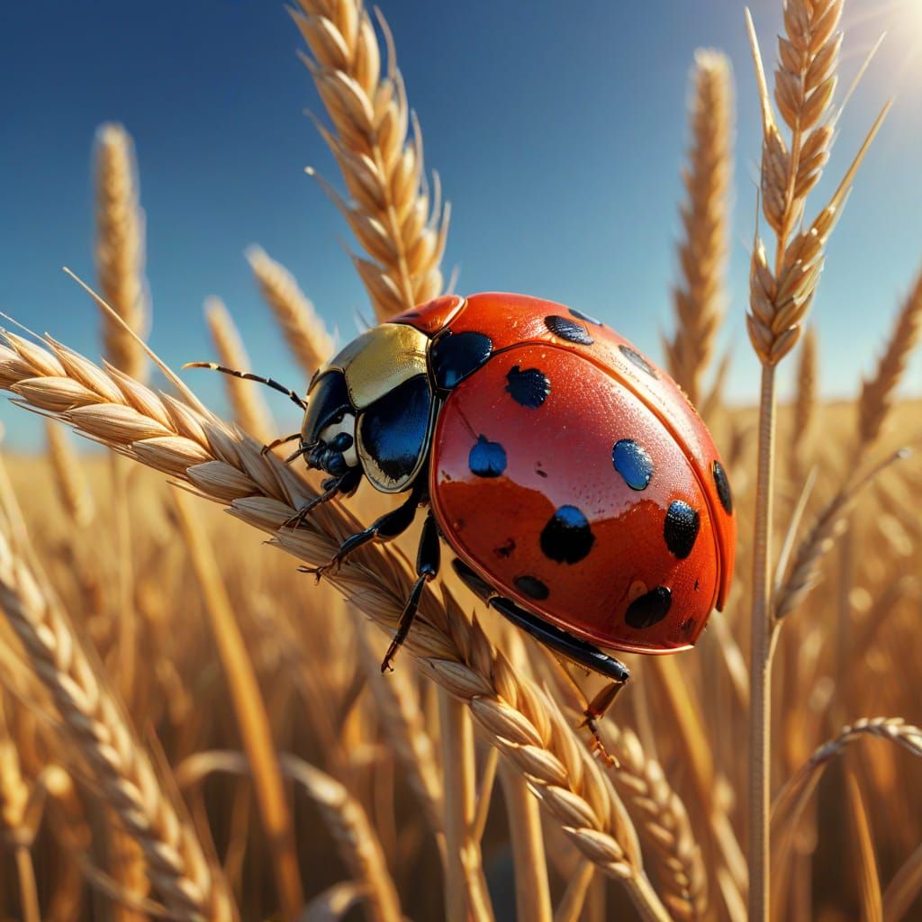 Ladybug on Golden Wheat Stalk: Hyperrealistic Digital Art