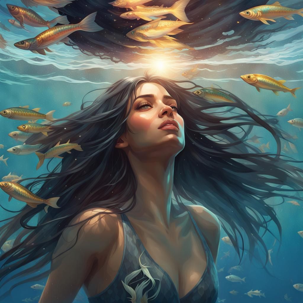 Girl with Minnows: Hyperdetailed Underwater Portrait