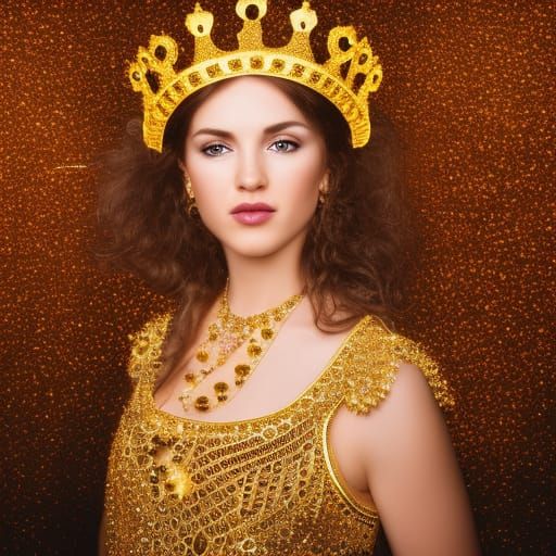 Beautiful Girl with Gold Crown in Palace, Portrait
