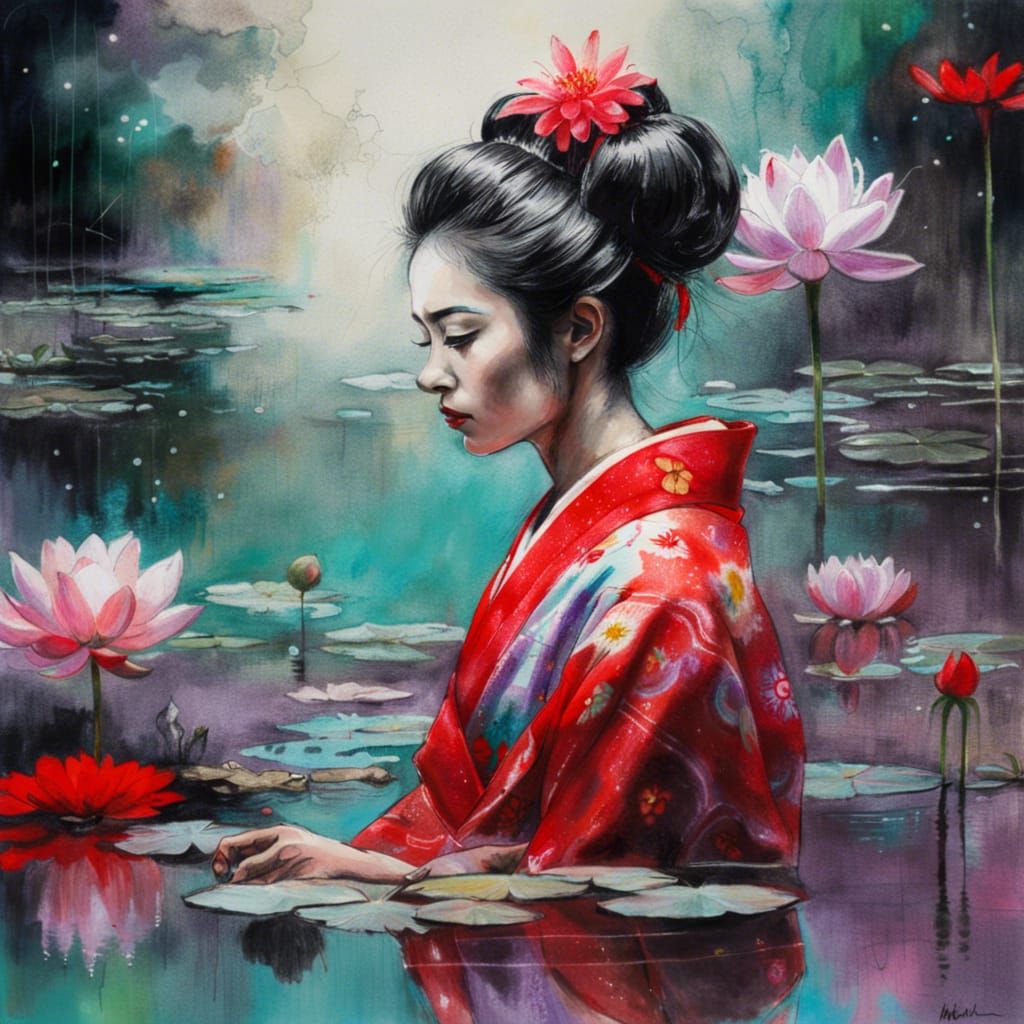 Geisha and Mirrored Reflection in Charcoal Drawing