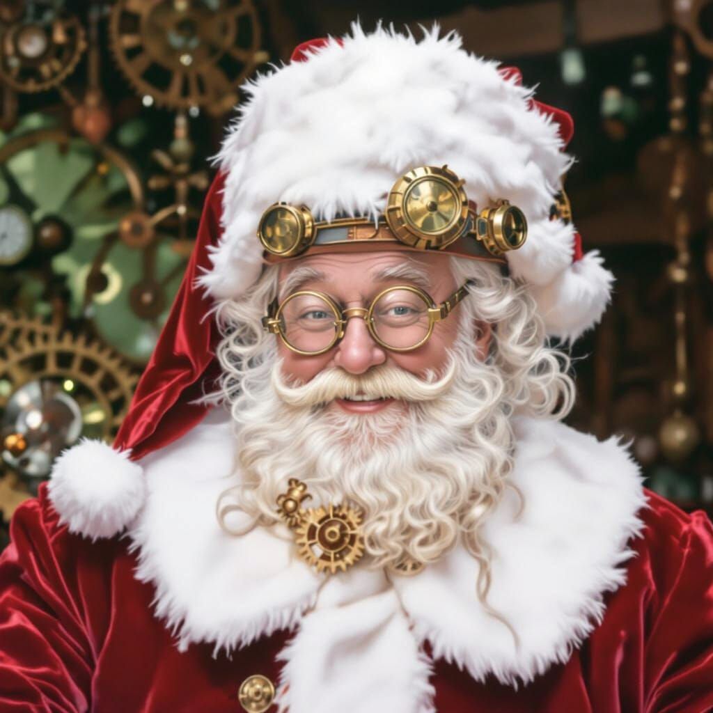Steampunk Santa Carving a Toy in Lamplit Workshop