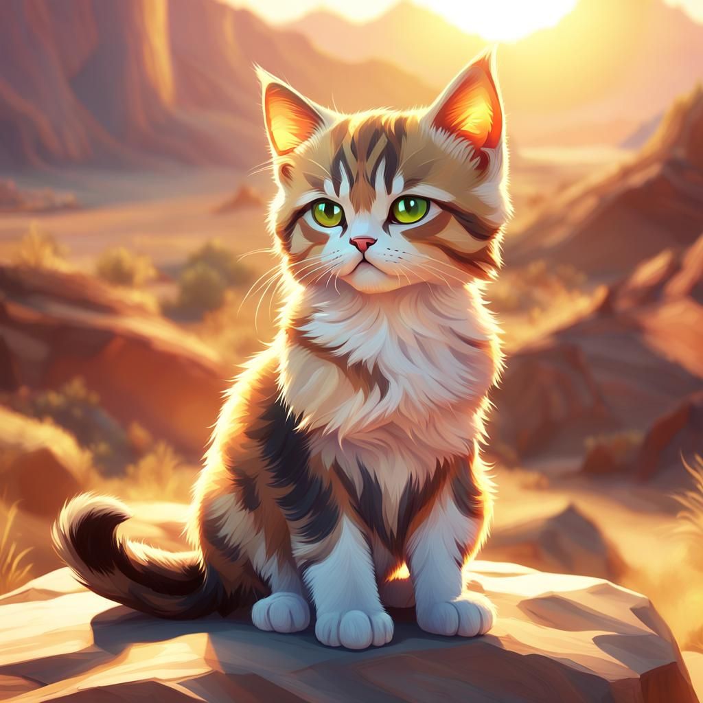 Grumpy Kitten at Desert Sunset: 3D Render