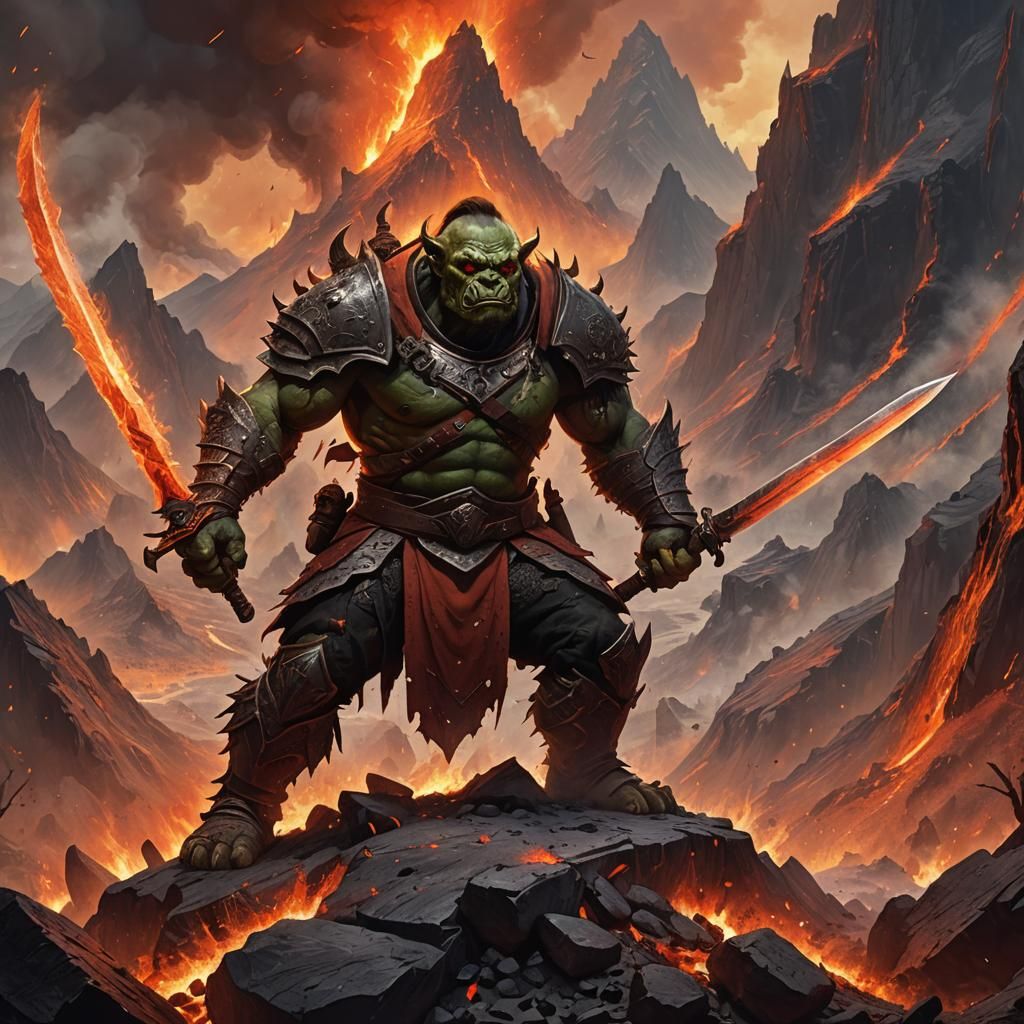 Orc Warrior Sharpening Sword in Volcanic Landscape
