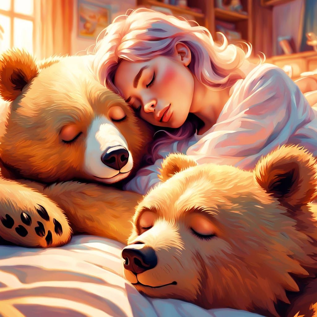 Woman and Bear Cuddle in Golden Hour: Digital Painting