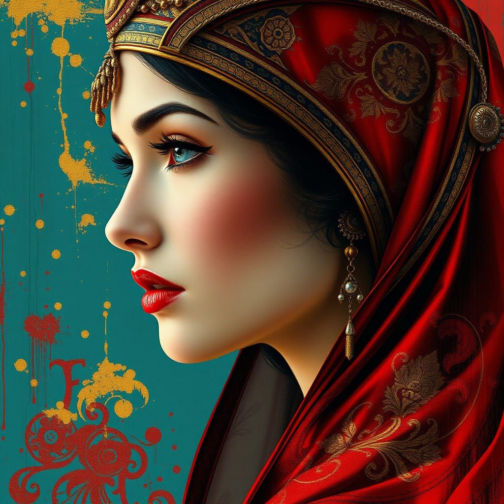 Regal Woman in Ornate Hyab, Teal and Red Background