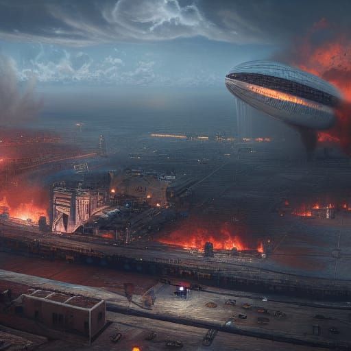 Futuristic Hindenburg Disaster: Detailed Matte Painting