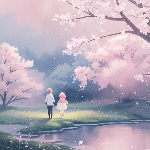 Watercolor Silhouette: Children Under Sakura Tree