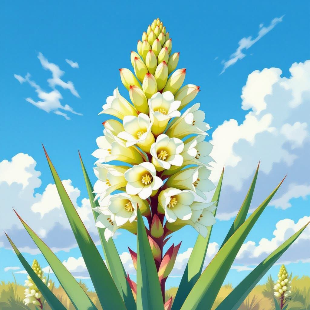 Yucca Flower in Watercolor Against Blue Sky