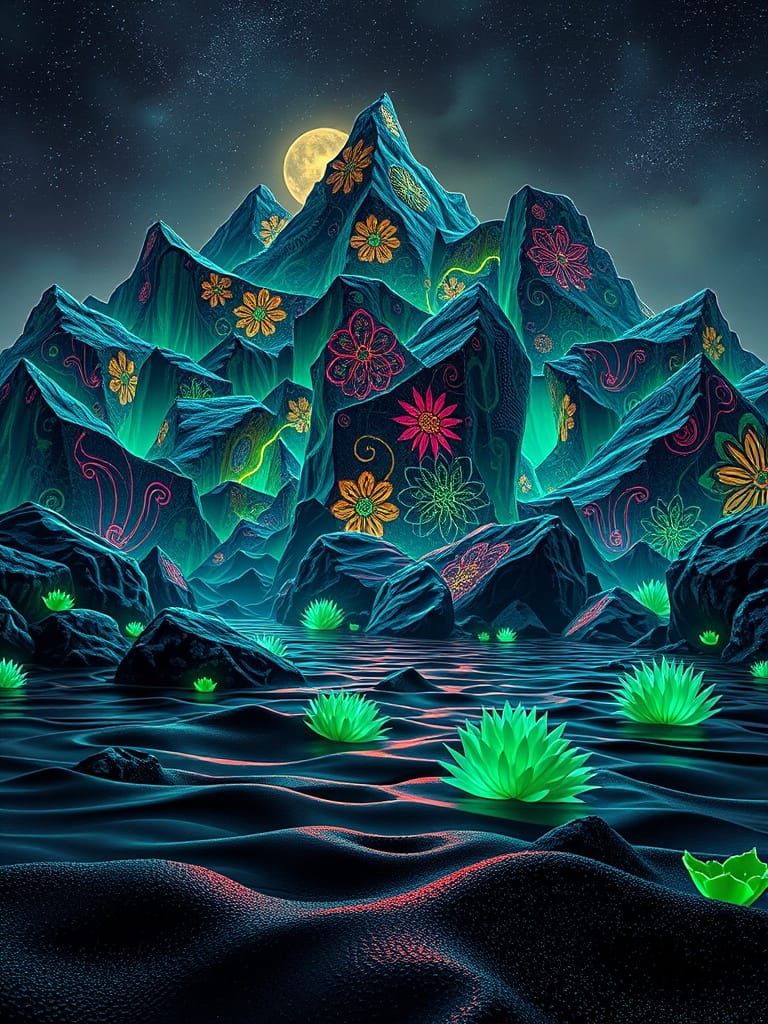 Neon-Lit Rock Mountains with Fractal Patterns