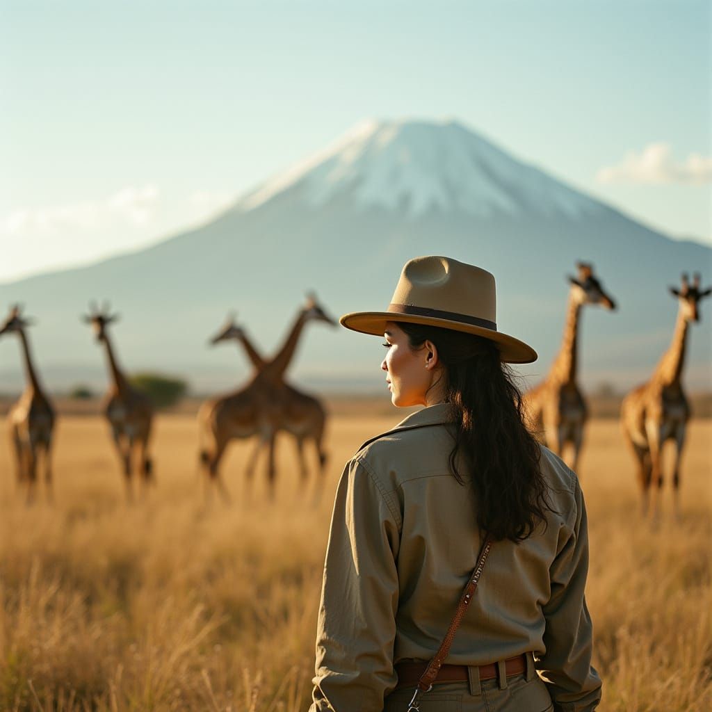Woman Amidst Giraffes in the Serengeti with Kilimanjaro
