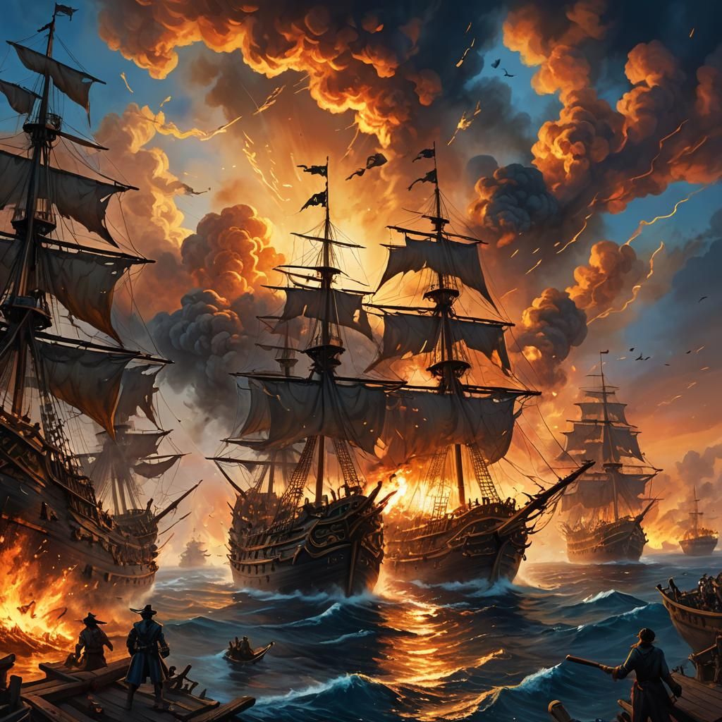 Epic Pirate Ship Battle at Sunset