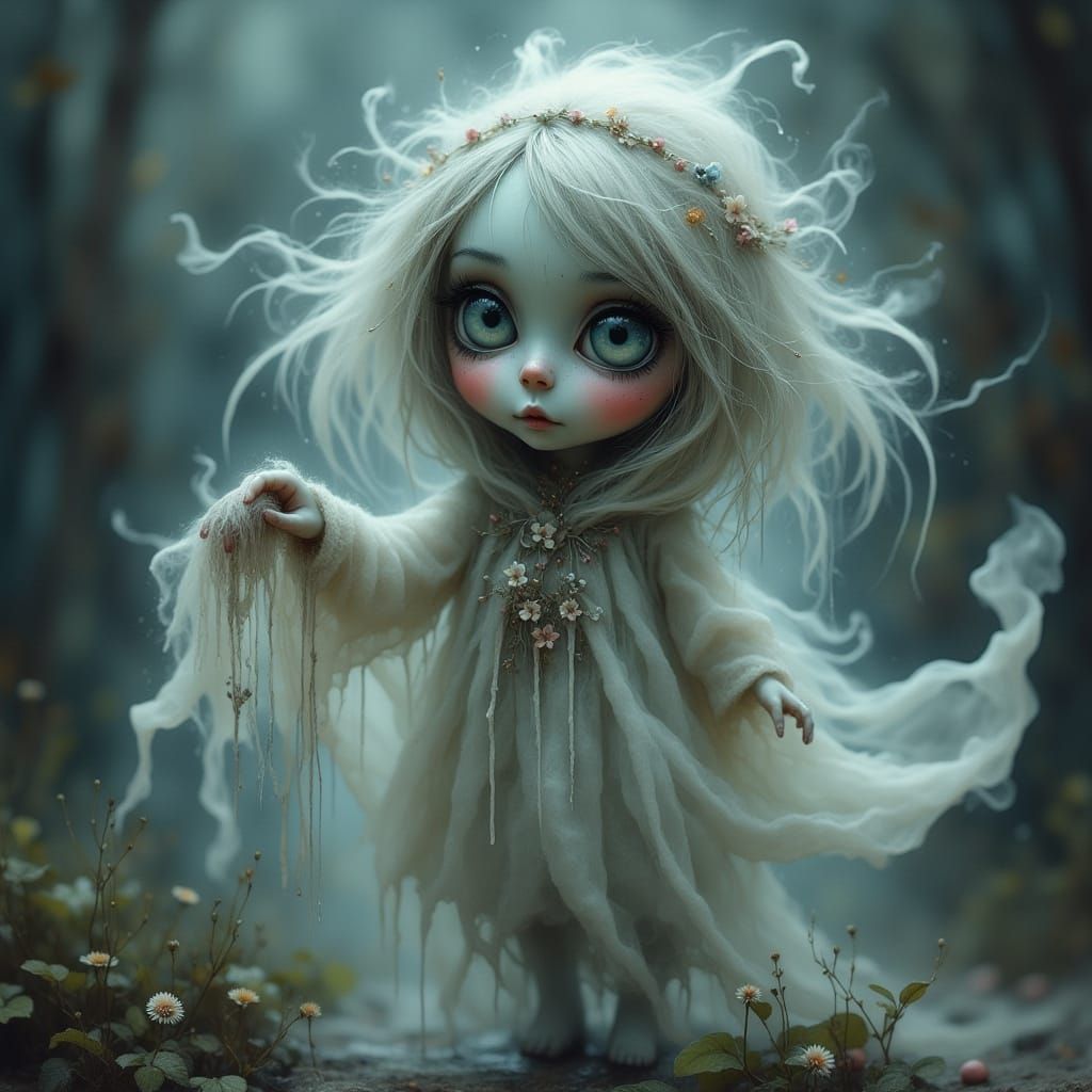 Whimsical, Lonely Ghost Adorned in Diaphanous Gown, Surround...