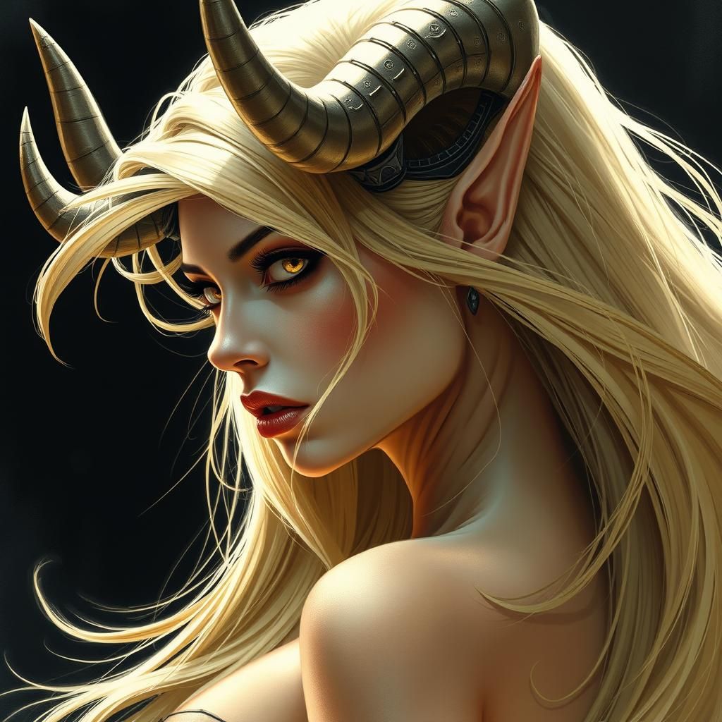 Blonde Demoness with Piercing Horns in Dramatic Sideview