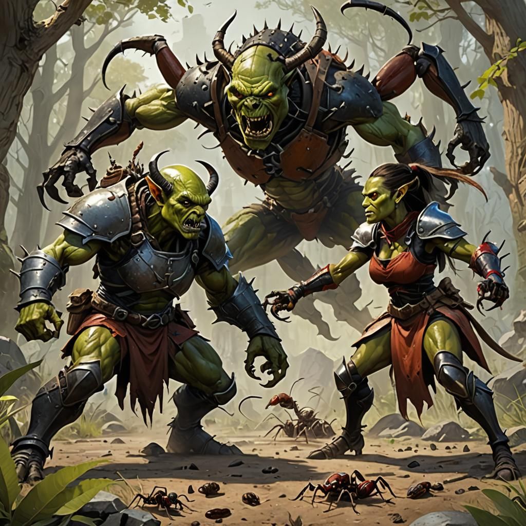 Female Orc Warrior Battles Giant Ant