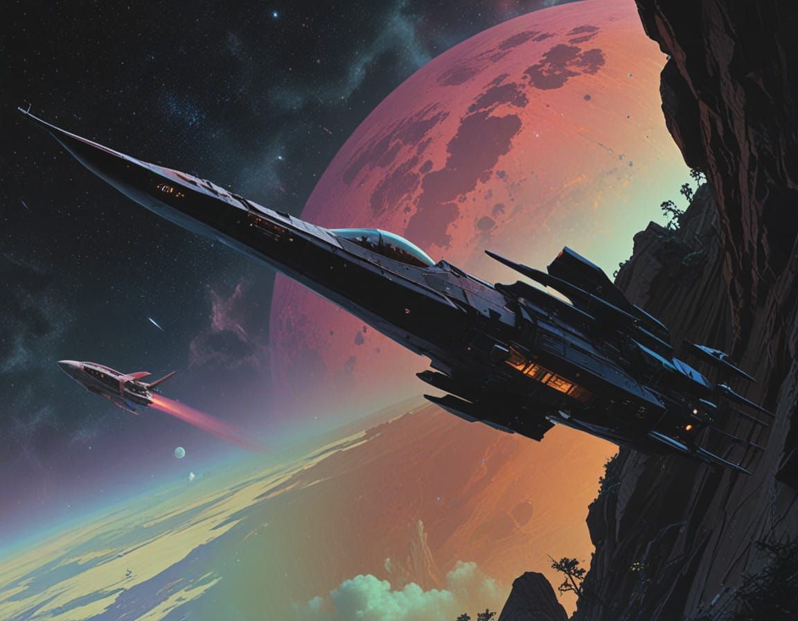 Sleek Black Ramjet Soars Over Distant Planet with Tumbling H...
