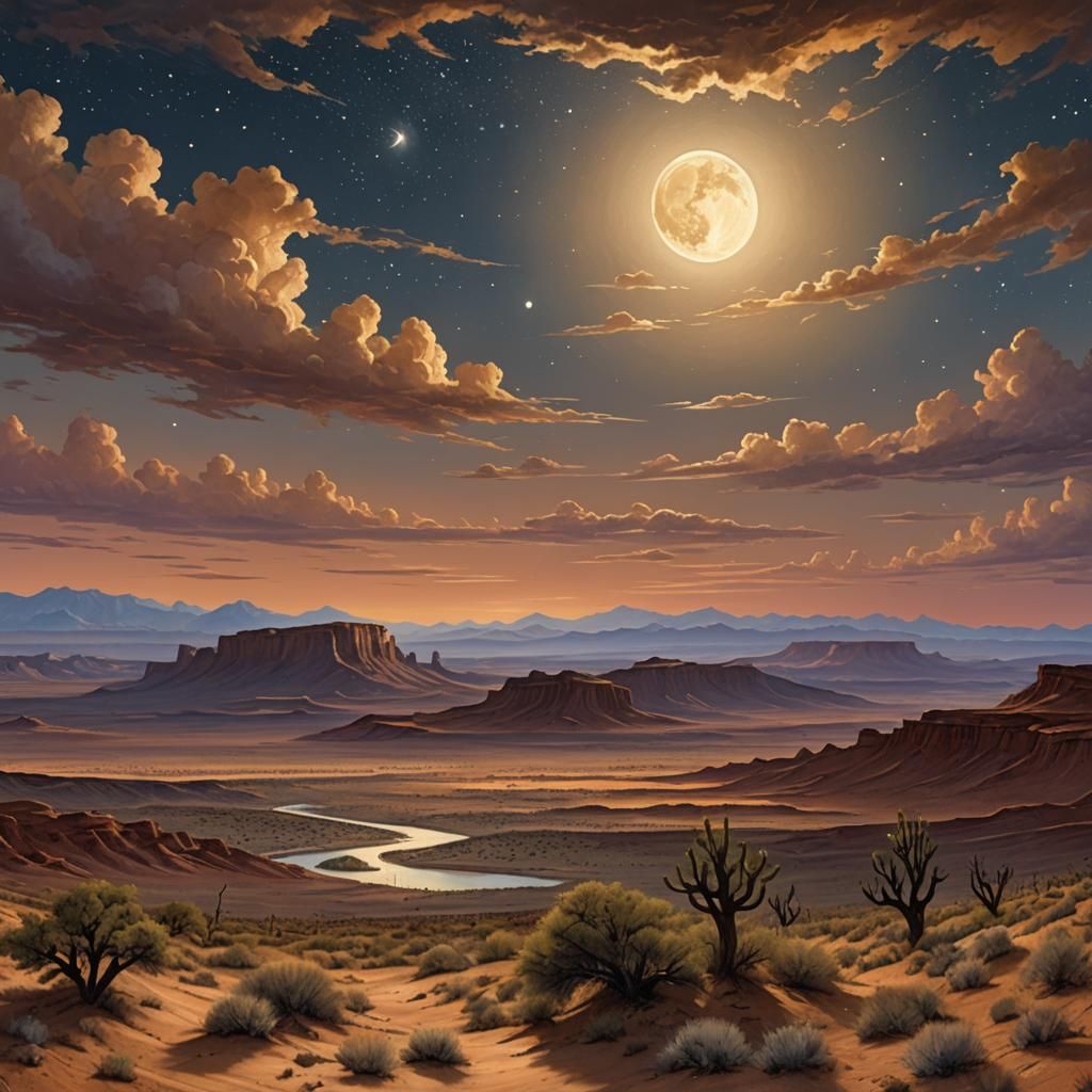 Desert Oasis Under Starry Sky: Ar Nebo Style