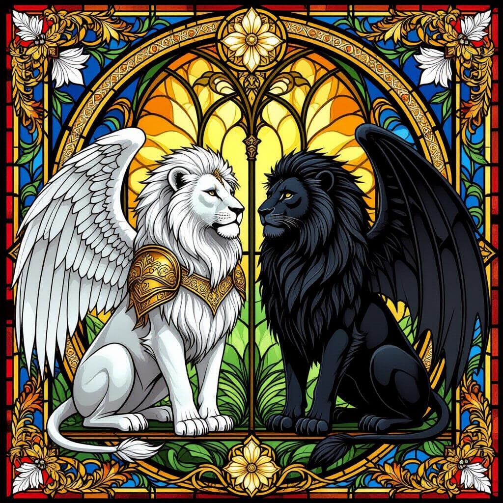 Angelic Lioness and Dragon Lion Stained Glass