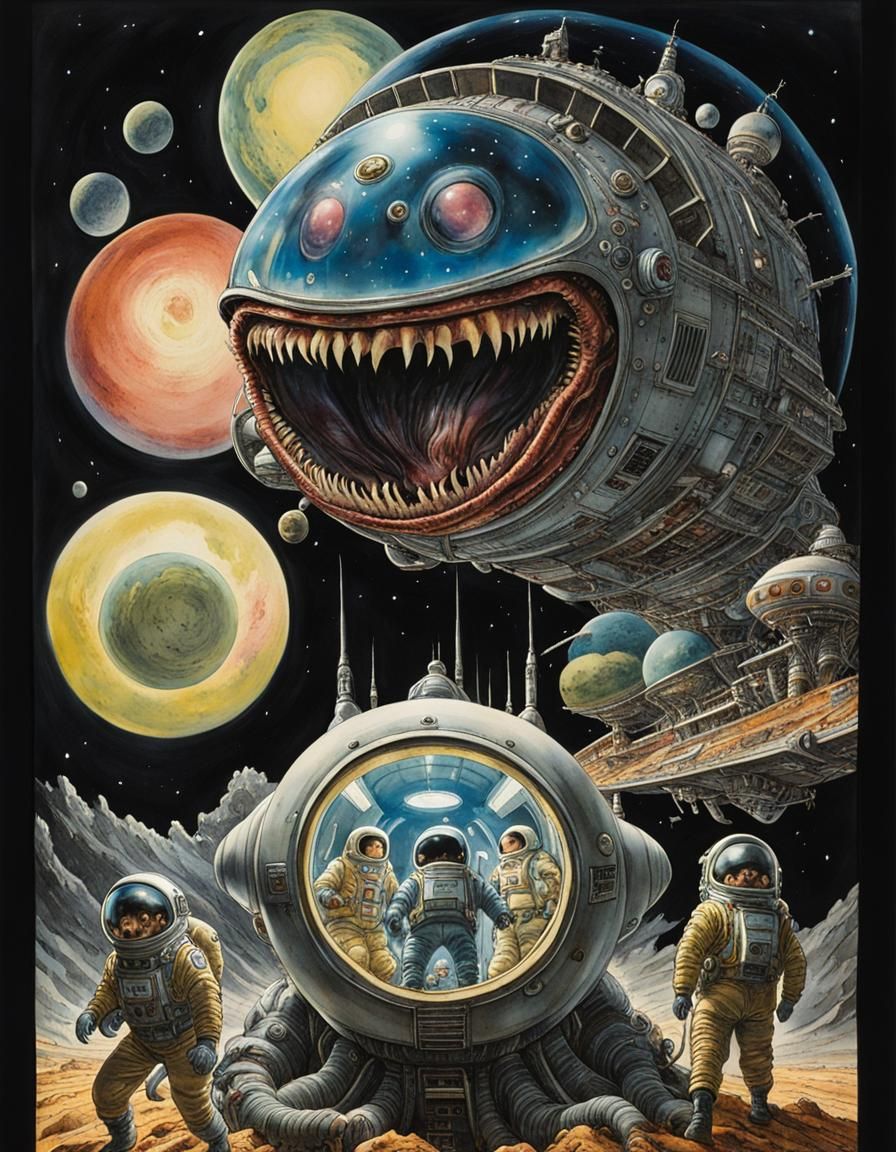 Grotesque Astronauts Explore a Cosmic Horror Spaceship