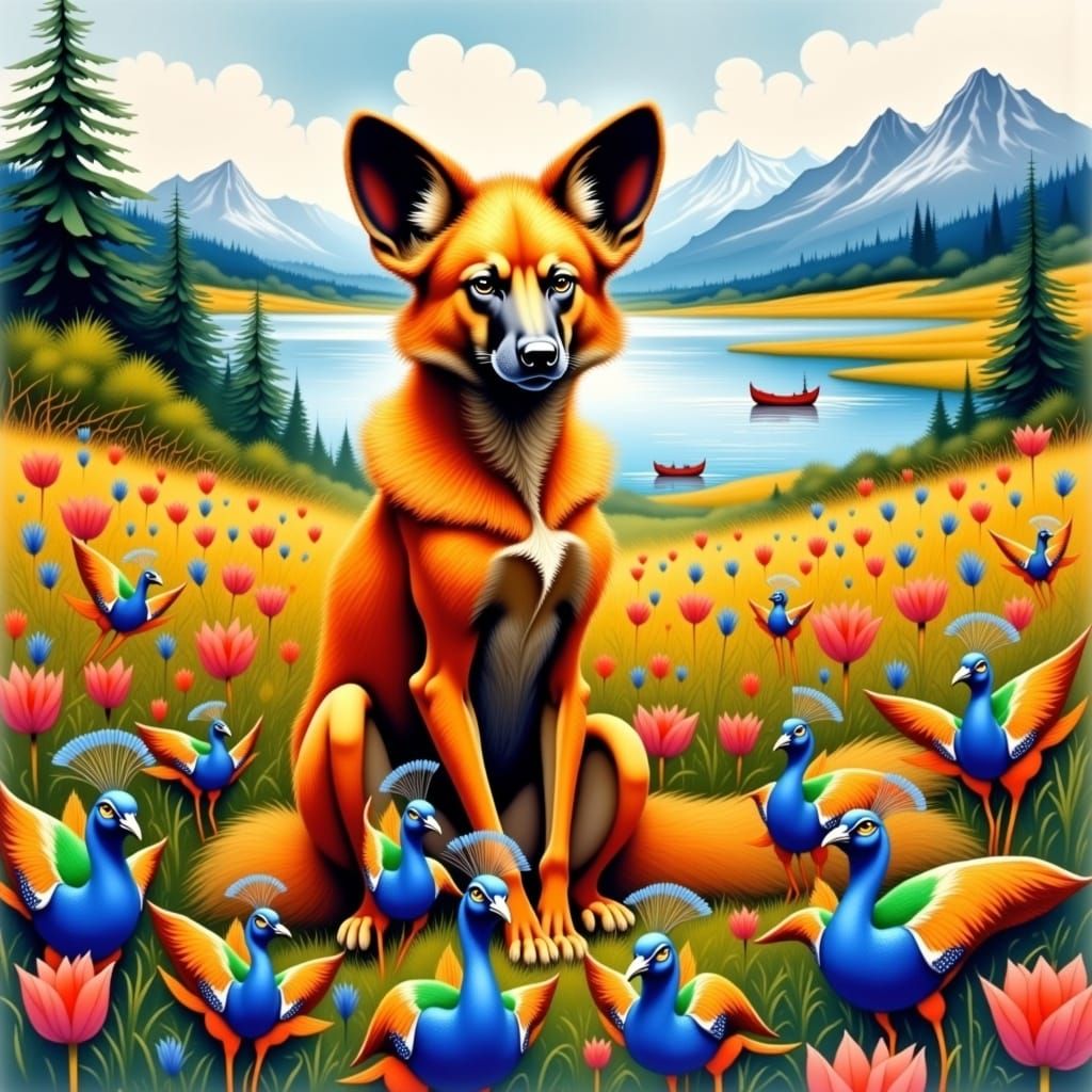 Watercolor African Wild Dog in Dream Landscape