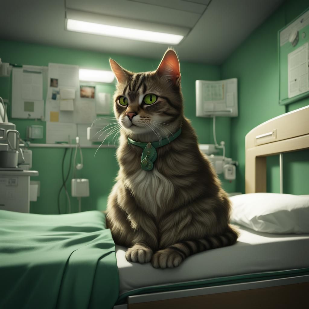Green Tabby Cat Healed: Detailed Matte Painting
