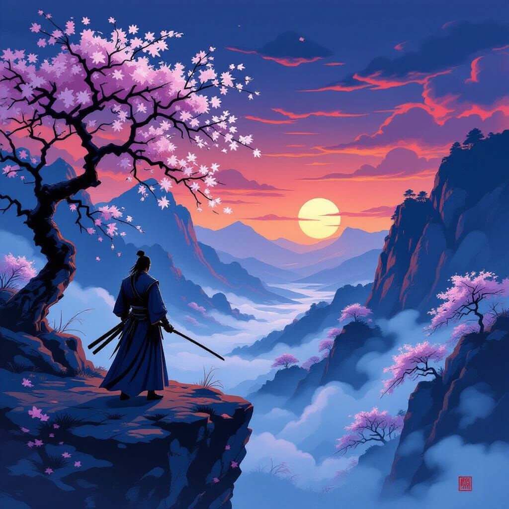 Samurai Warrior on Cliff at Twilight in Vintage Comic Style