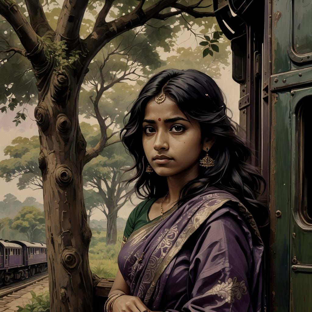 Bengali Teenager Gazing at Train, Anime Oil Painting