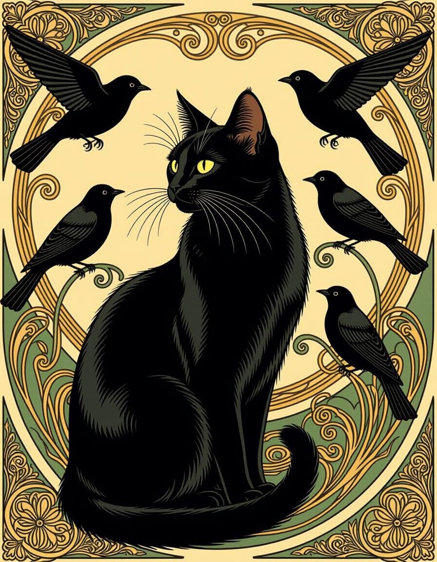 Art Nouveau Black Cat with Birds in Mucha Style