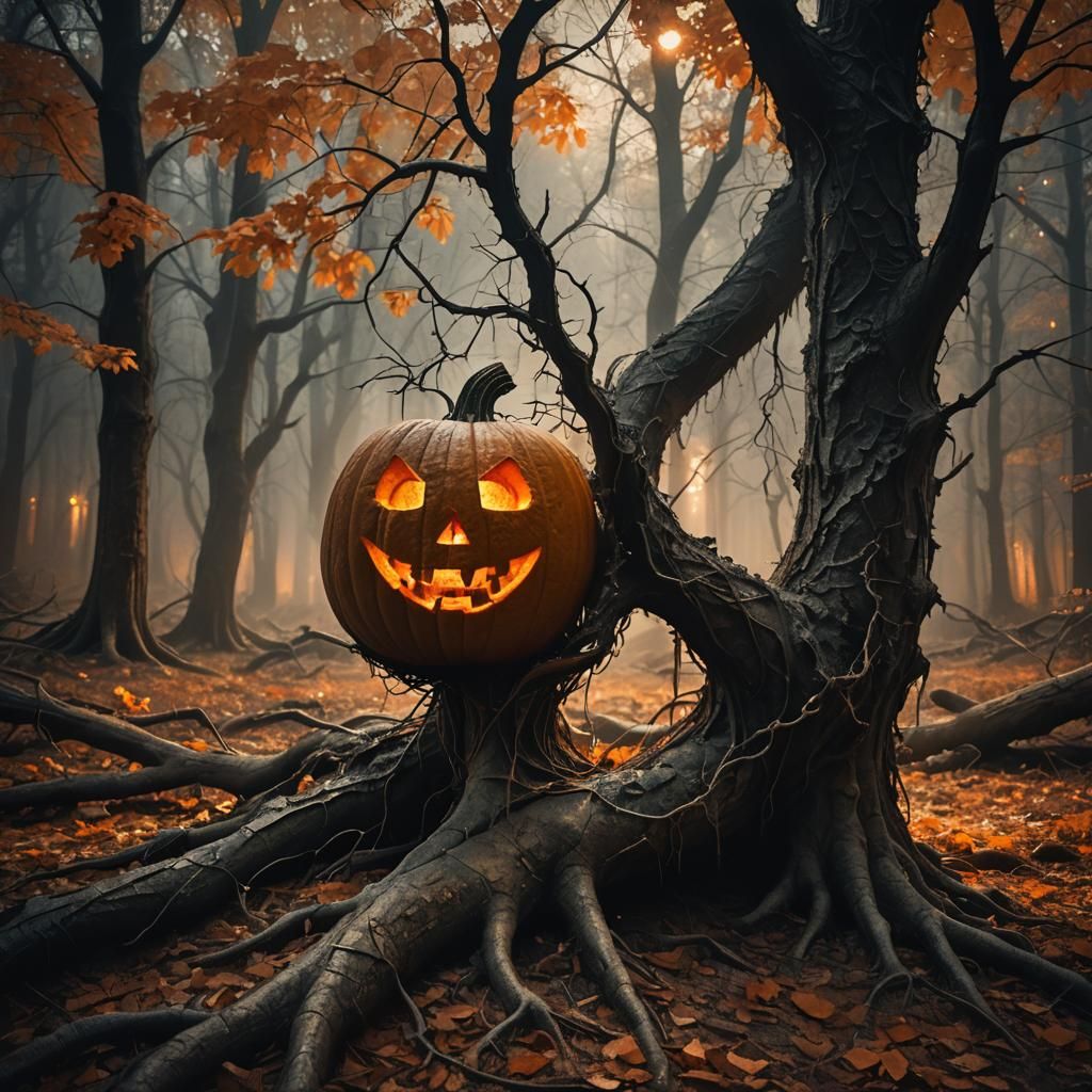 Crystallized Pumpkin Reflecting Light in Mystical Forest