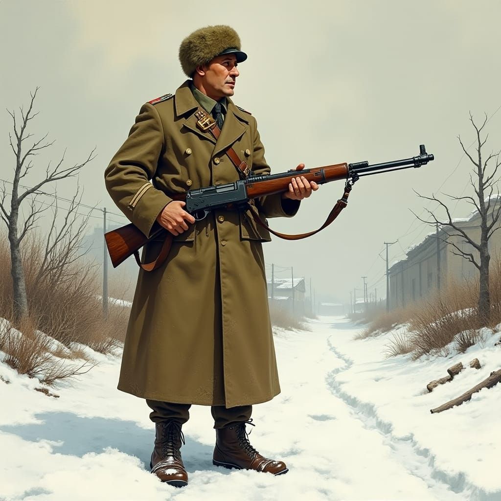 Soviet Rifleman in Winter Landscape, Propaganda Art Style