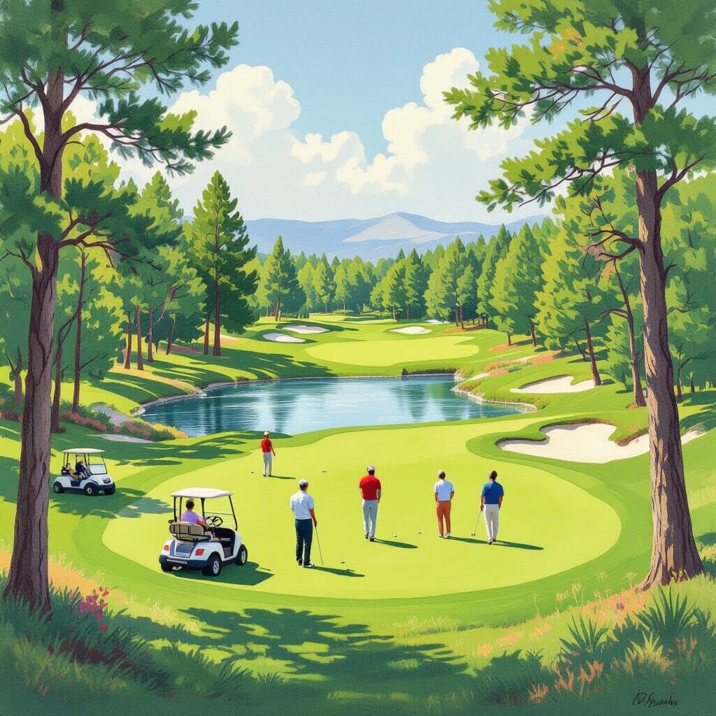 Golfers on Lush Course in Vibrant Landscape Style