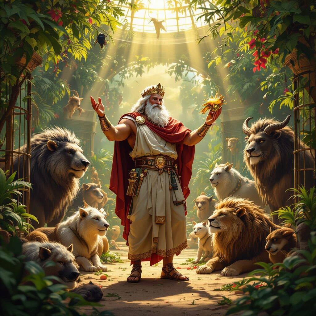 Zeus as Zookeeper of Mythical Beasts in Epic Fantasy Style