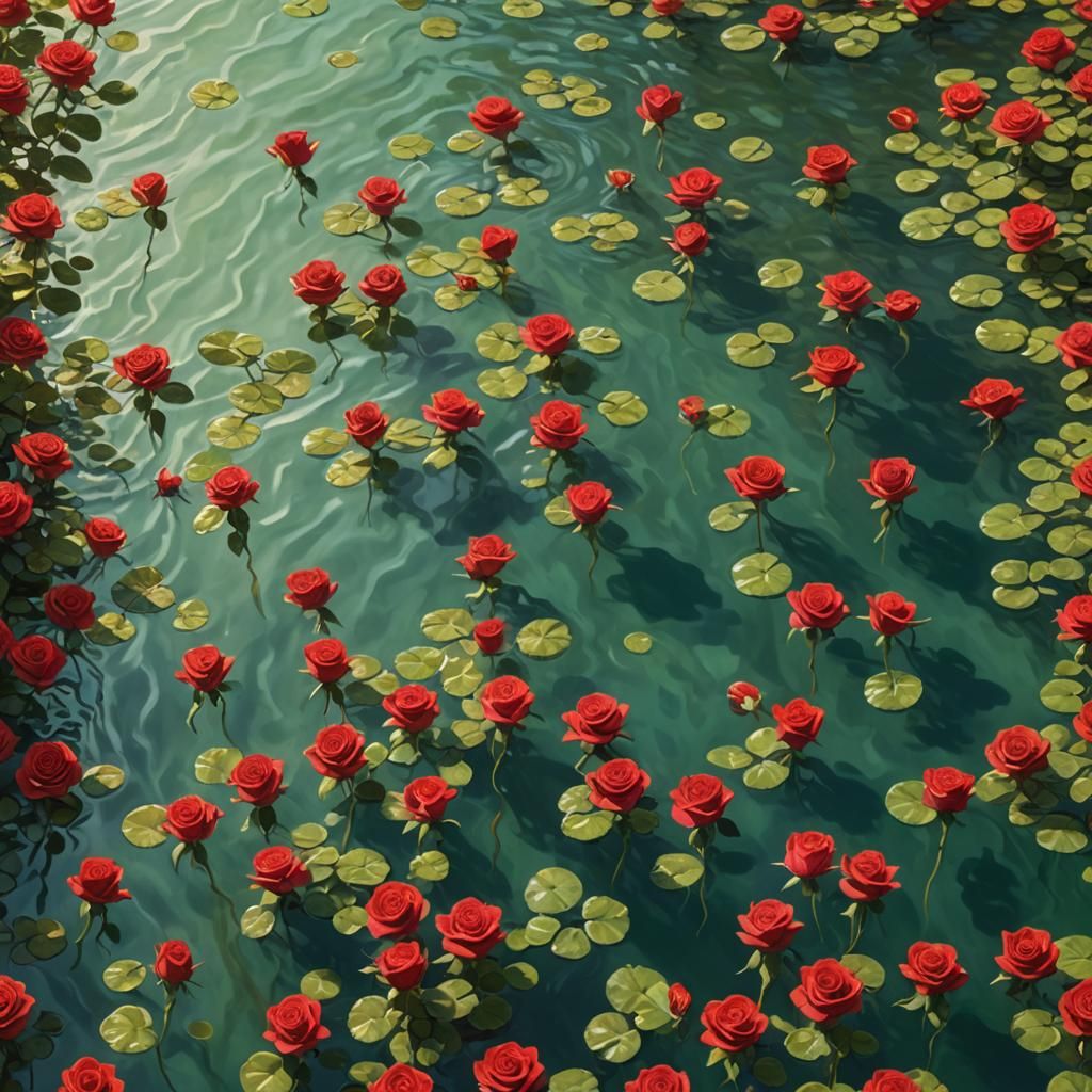 Swimming Pool Covered in Red Roses: Hyperrealistic Oil Paint...