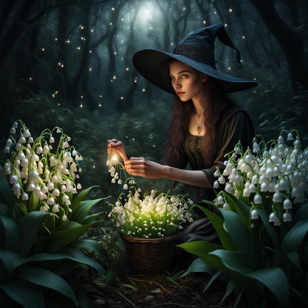 Enchanting Witch Harvests Luminous Flowers