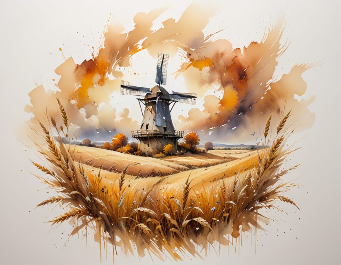 Rustic Autumn Windmill in Golden Field, Watercolour Style