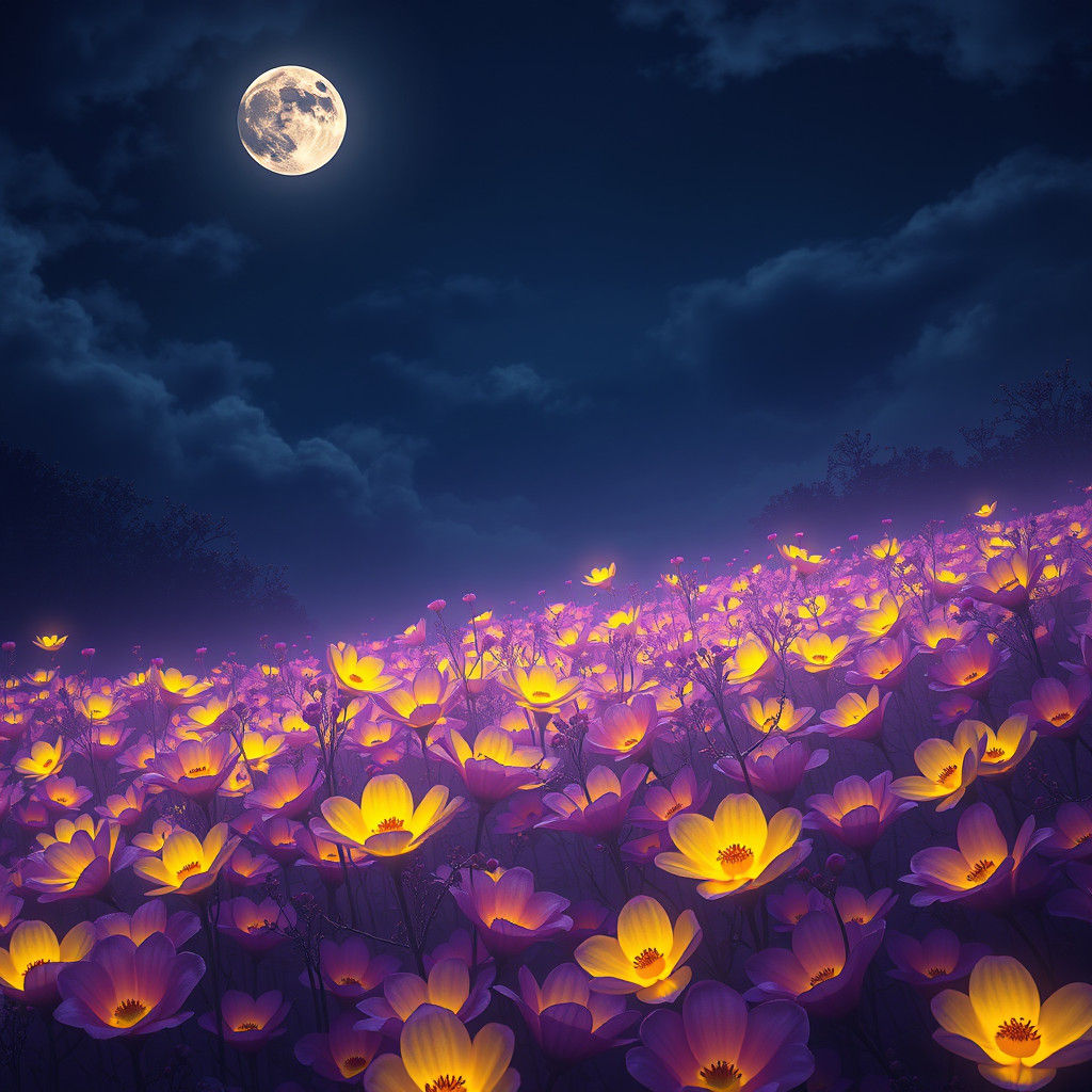 Glowing Flowers Under Moonlight in Fantasy Art Style