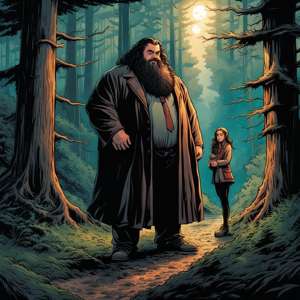 Hogwarts Student and Hagrid in Comic Book Art