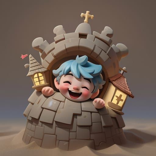 Man Joyfully Plays Like Baby with Sandcastle in Photorealist...