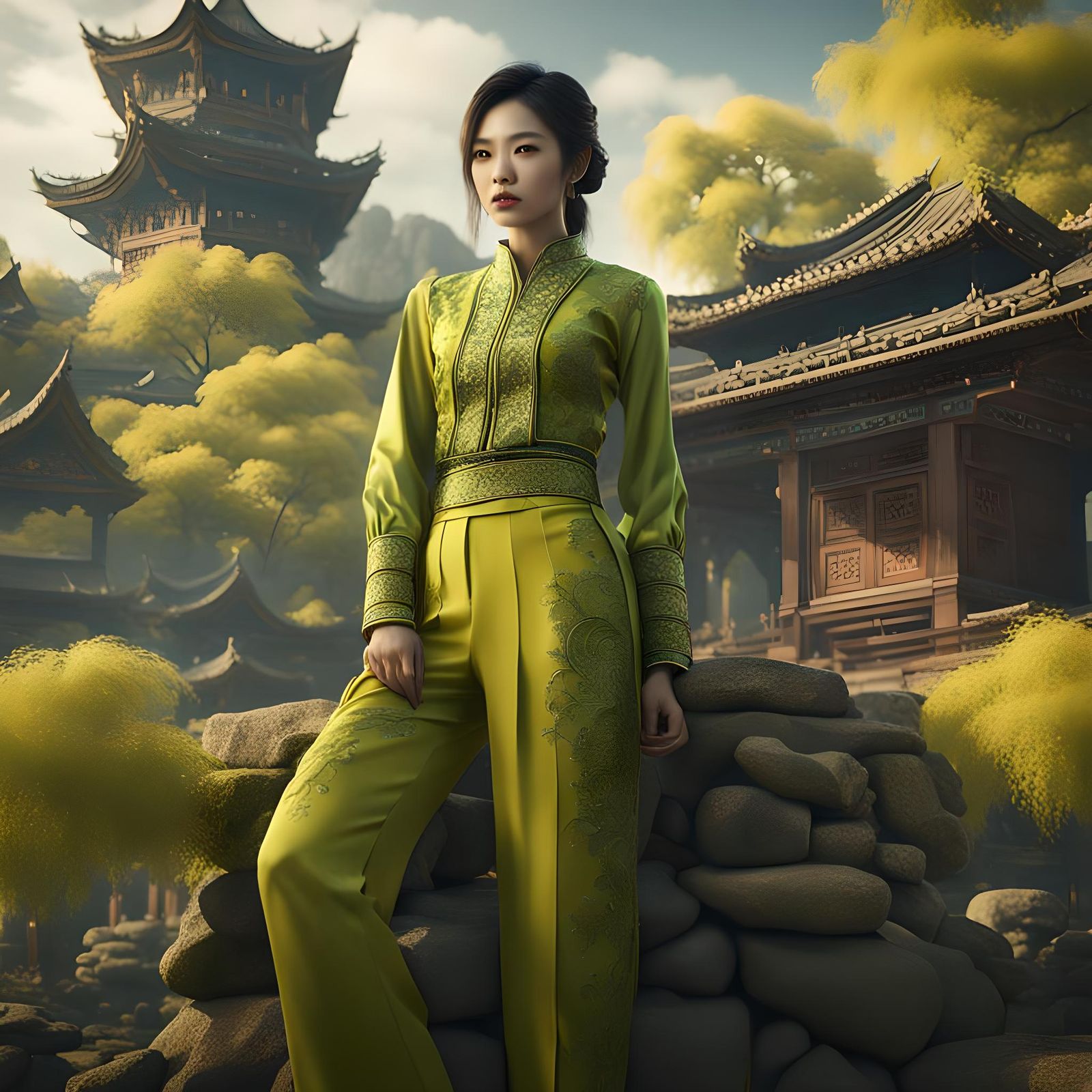 Asian Woman in Chartreuse Outfit: Digital Matte Painting