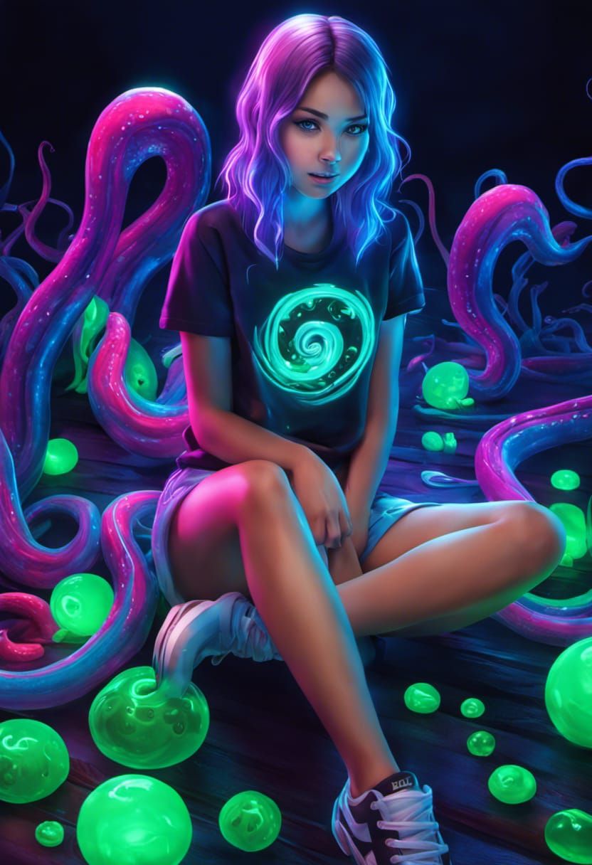 Girl Holding Bioluminescent Tentacles: Photorealistic 3D Ren...