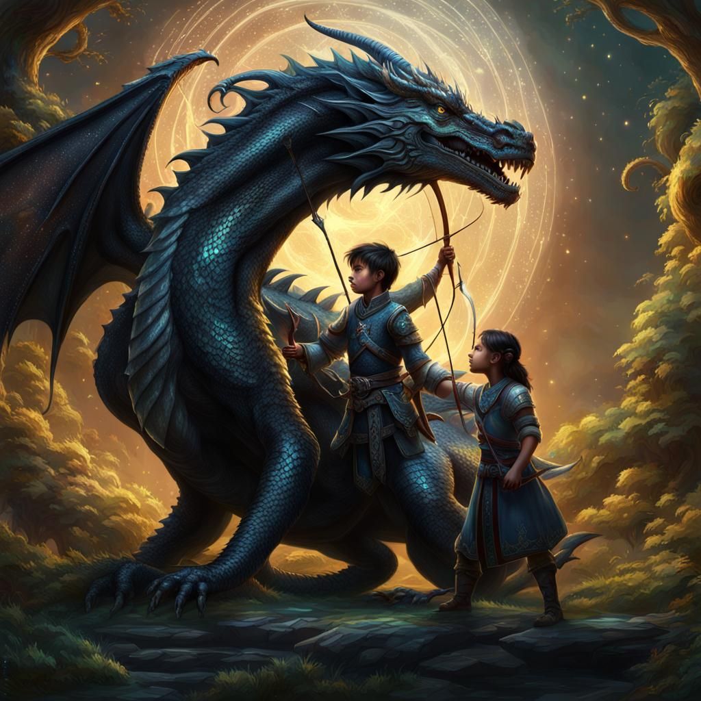 Ancient Black Dragon and Archer Girl in Dramatic Lighting