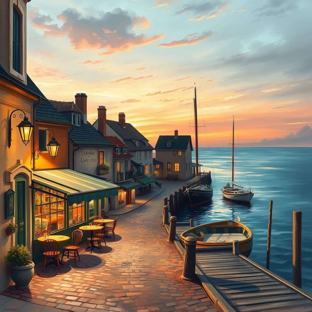 Vintage French Café at Sunset in a Seaside Village