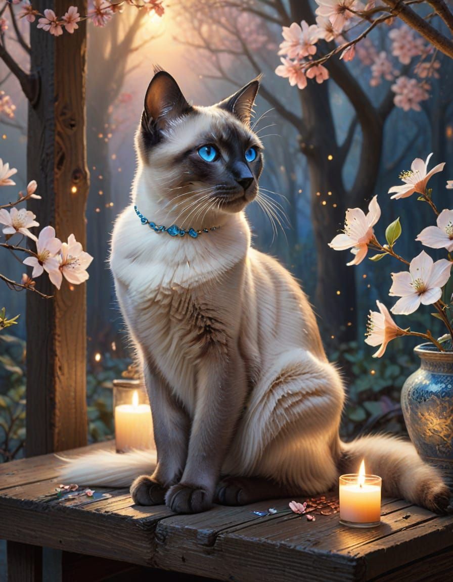 Majestic Siamese Cat with Blue Eyes and Blossoms