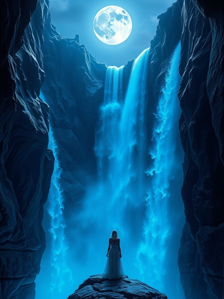 Ethereal Moonlit Falls in Vibrant, Glowing Hues