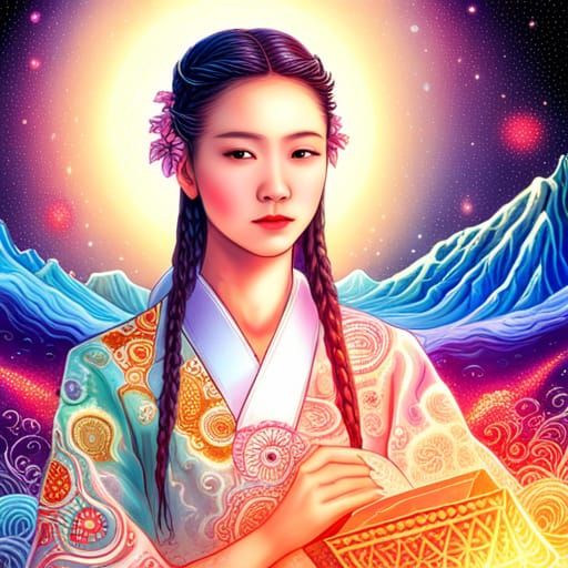 Priestess in Japanese Kimono: Holographic Astral Illustratio...