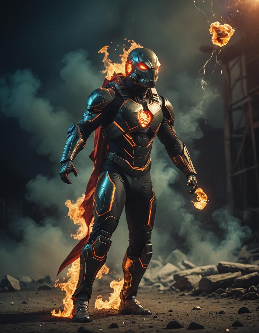 Fish Superhero with Fireball in Cinematic Style