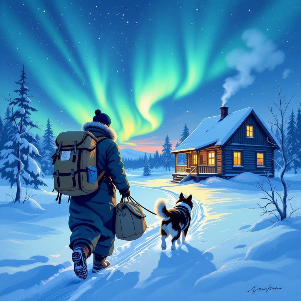 Postman's North Pole Journey Under Aurora Borealis