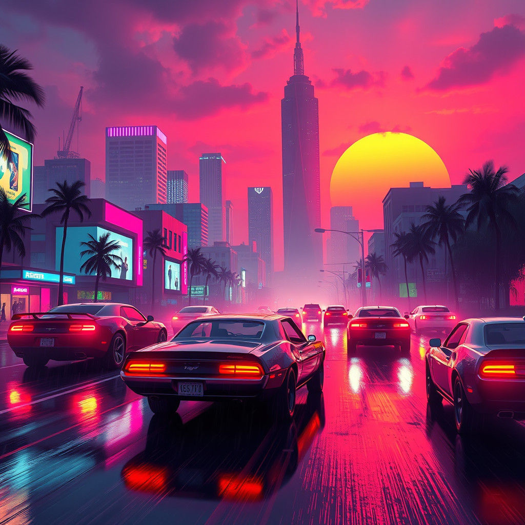 Neon Miami Cityscape in Cyberpunk Style